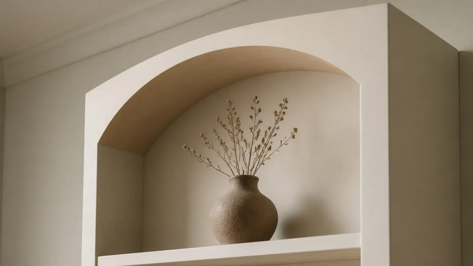 arched top opening in built in shelving beside a small fireplace