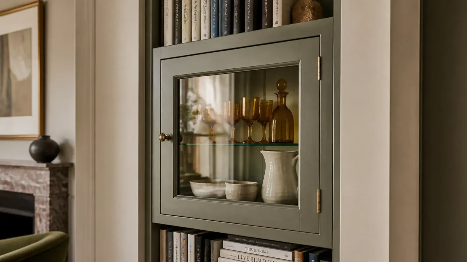 glass fronted cabinet bay within fireplace alcove shelving holding glassware
