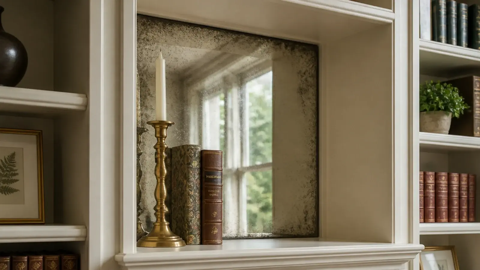 small antiqued mirror set into one bay of fireplace built in shelving