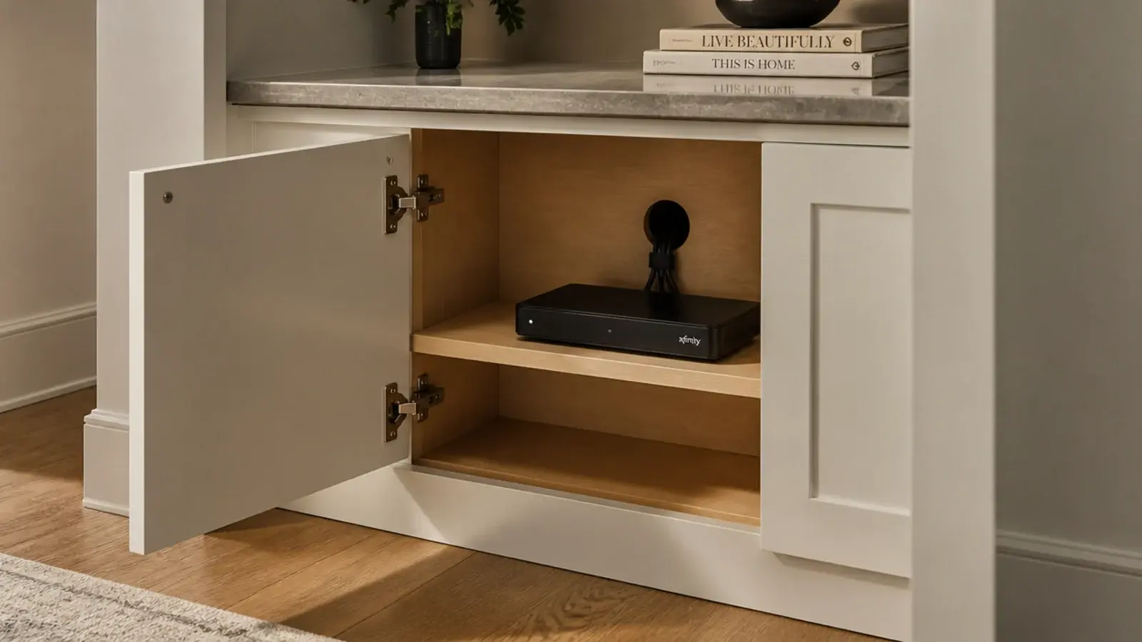 cable grommet and hidden media box inside a fireplace alcove cabinet