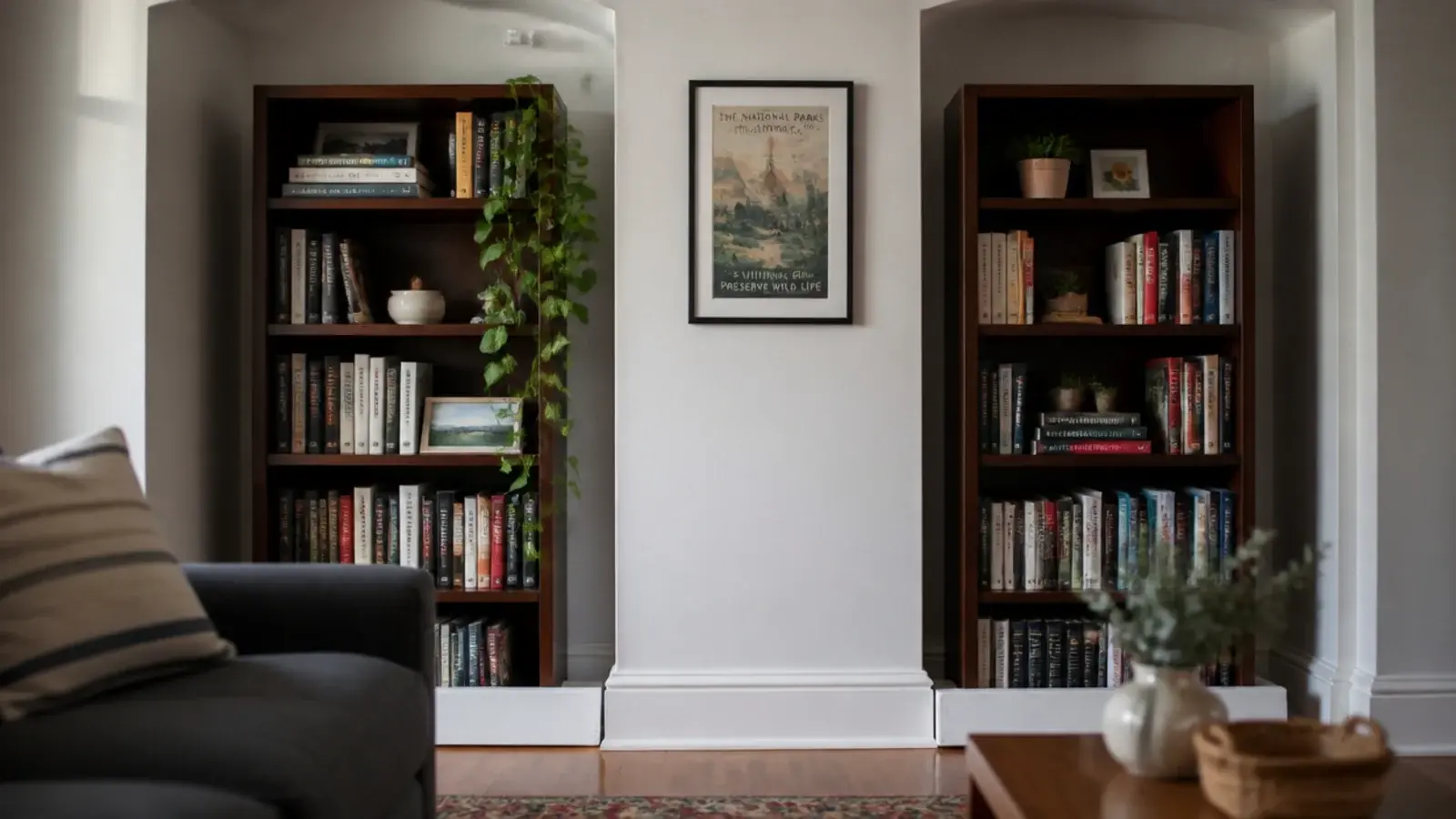 freestanding bookcases anchored in fireplace alcoves in a rented room