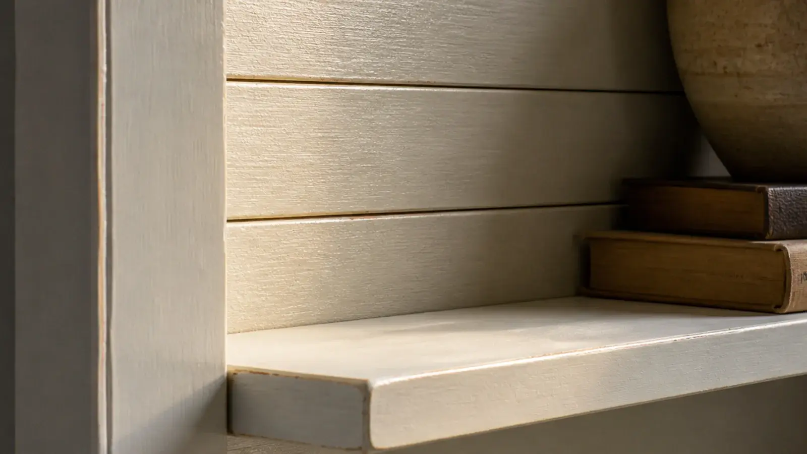 detail of chunky trim and shiplap texture on painted farmhouse shelving