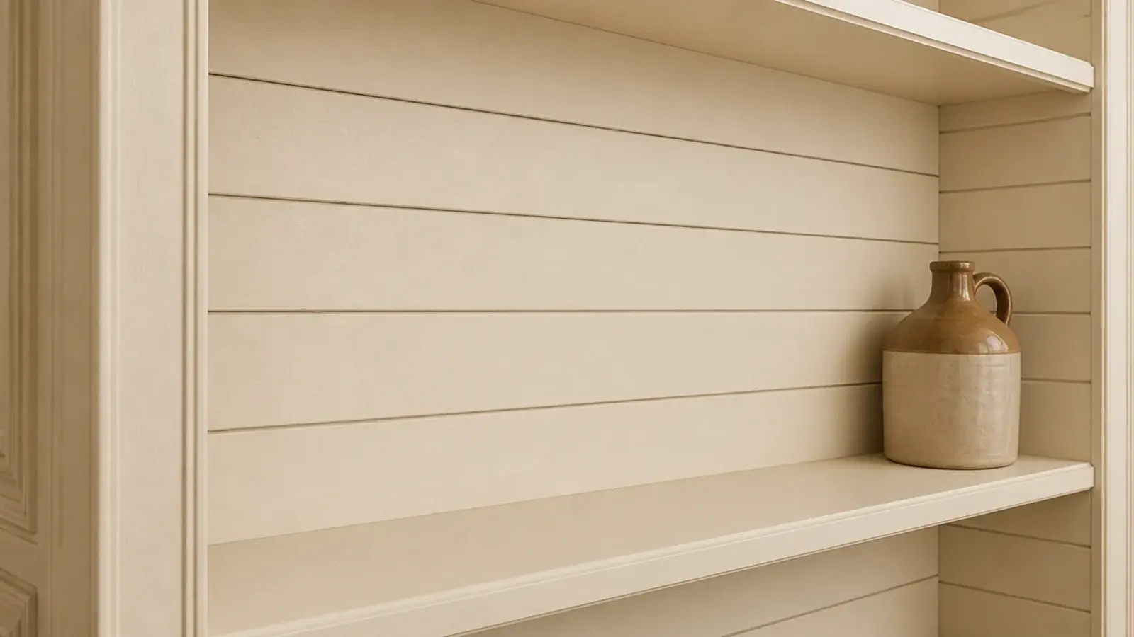 shiplap boards lining the back of cream painted living room built-in shelves