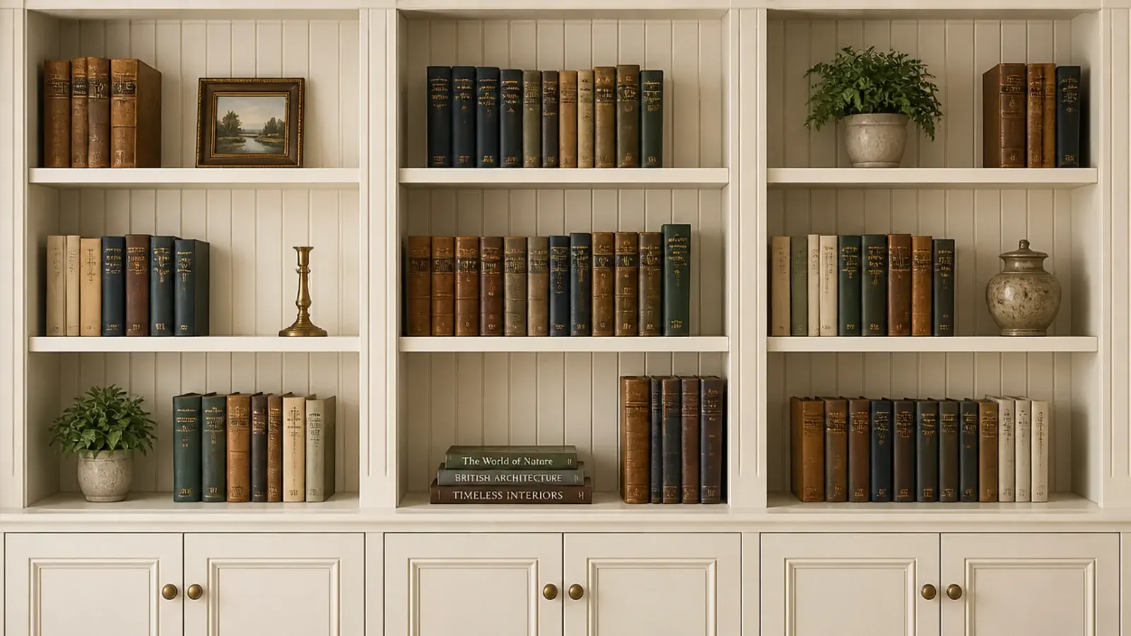 vertical beadboard panelling behind farmhouse built-in shelves holding books