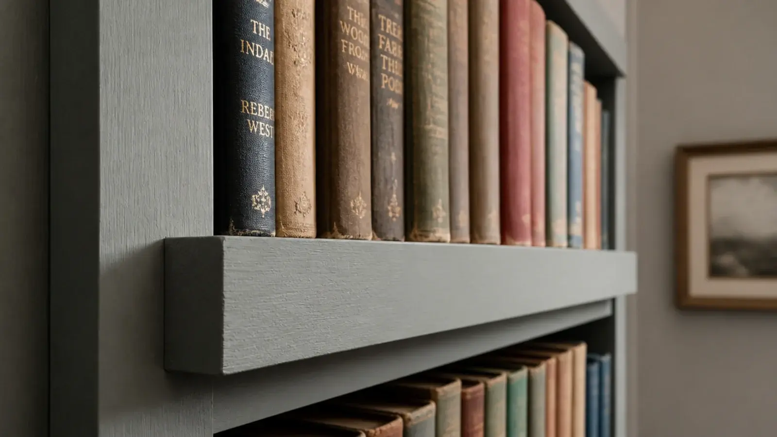 thick painted front edges on farmhouse shelves carrying heavy books