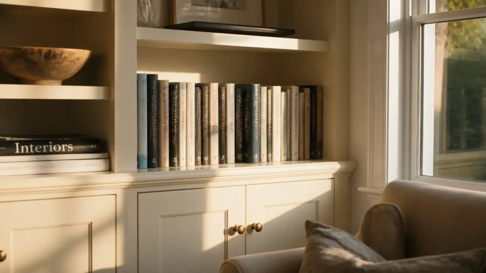 warm cream painted built-in shelving glowing against a pale living room wall