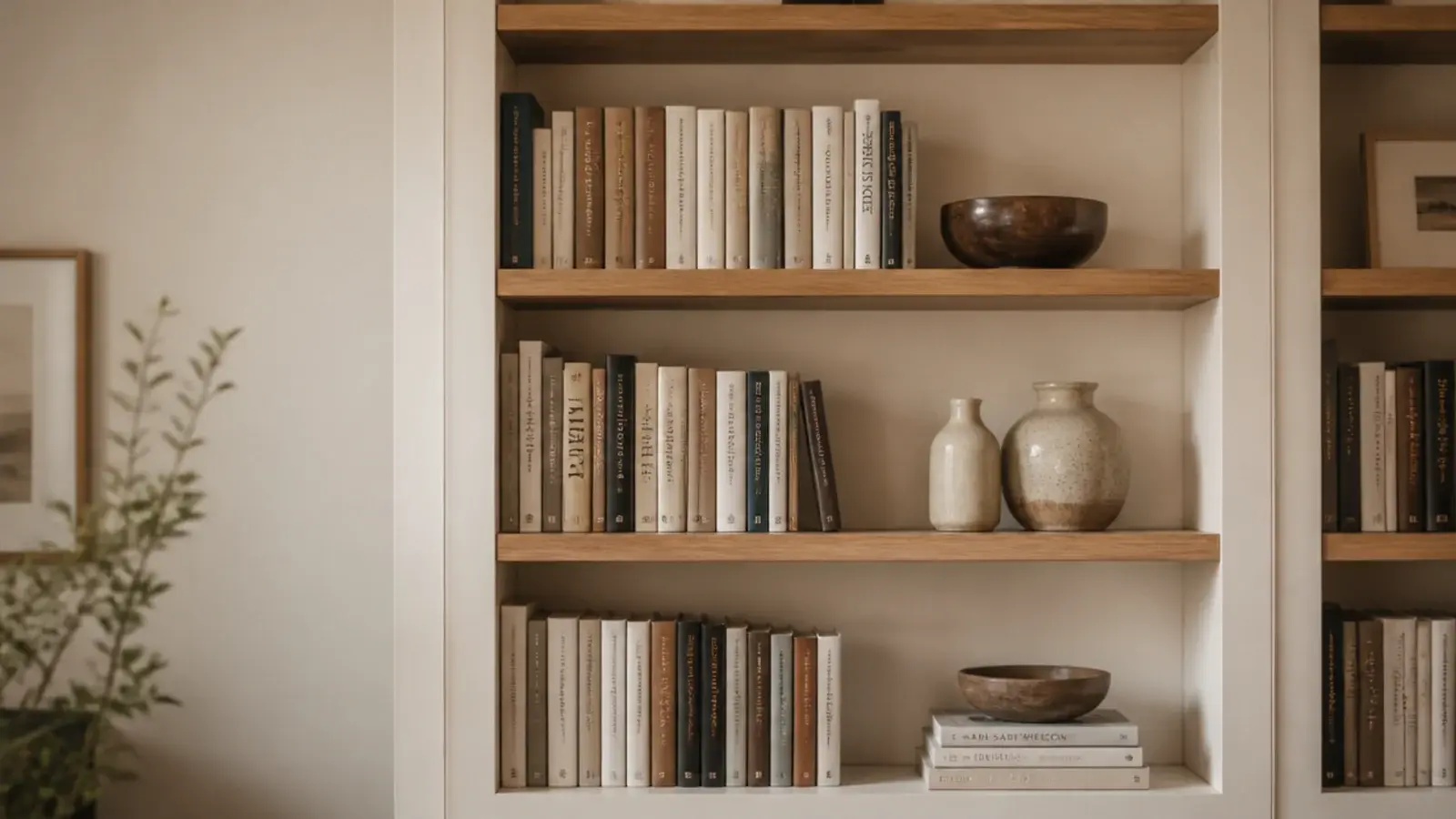 oak shelf boards set within cream painted farmhouse built-in frames