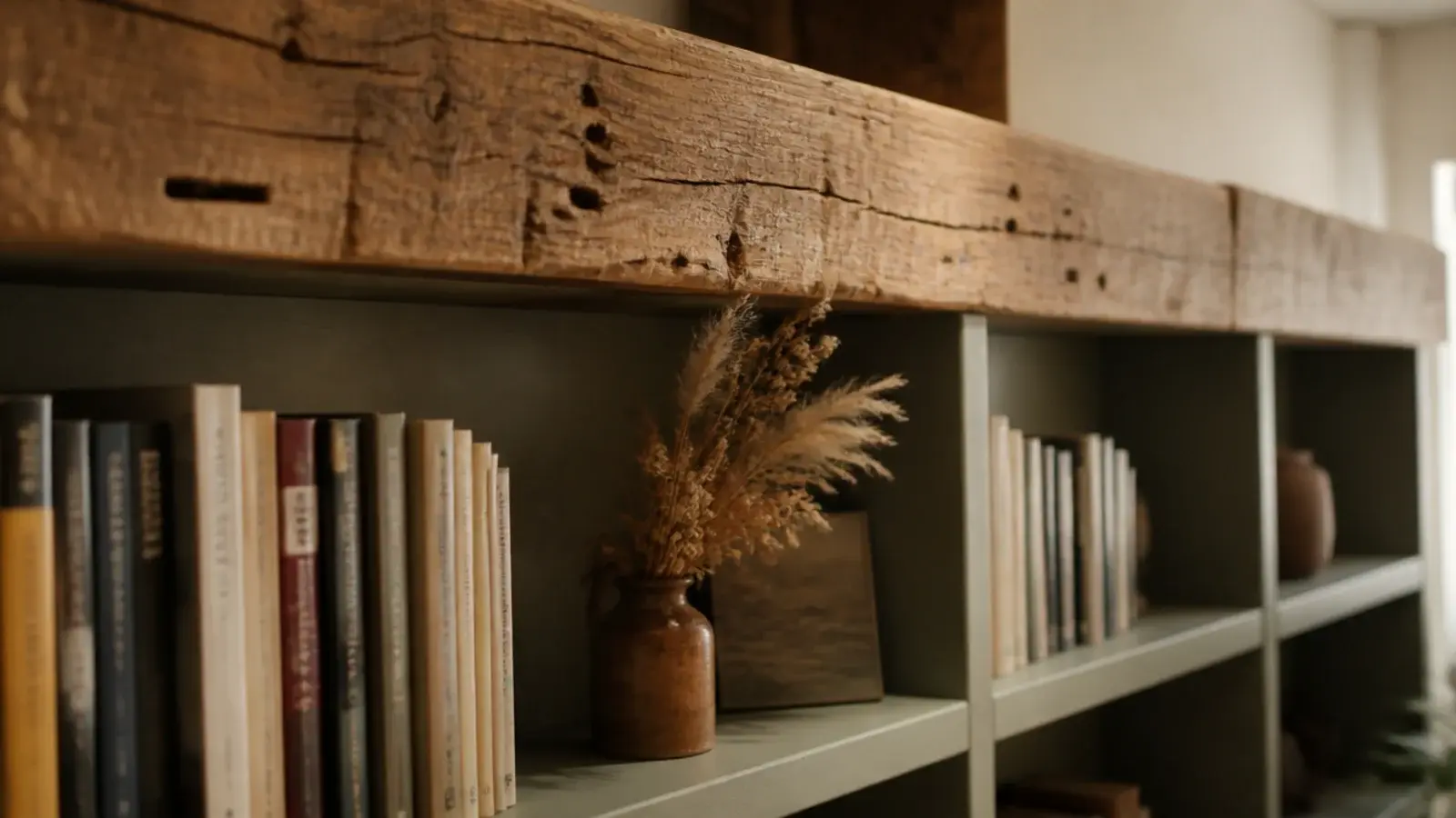 reclaimed timber beam capping a run of farmhouse built-in living room shelves