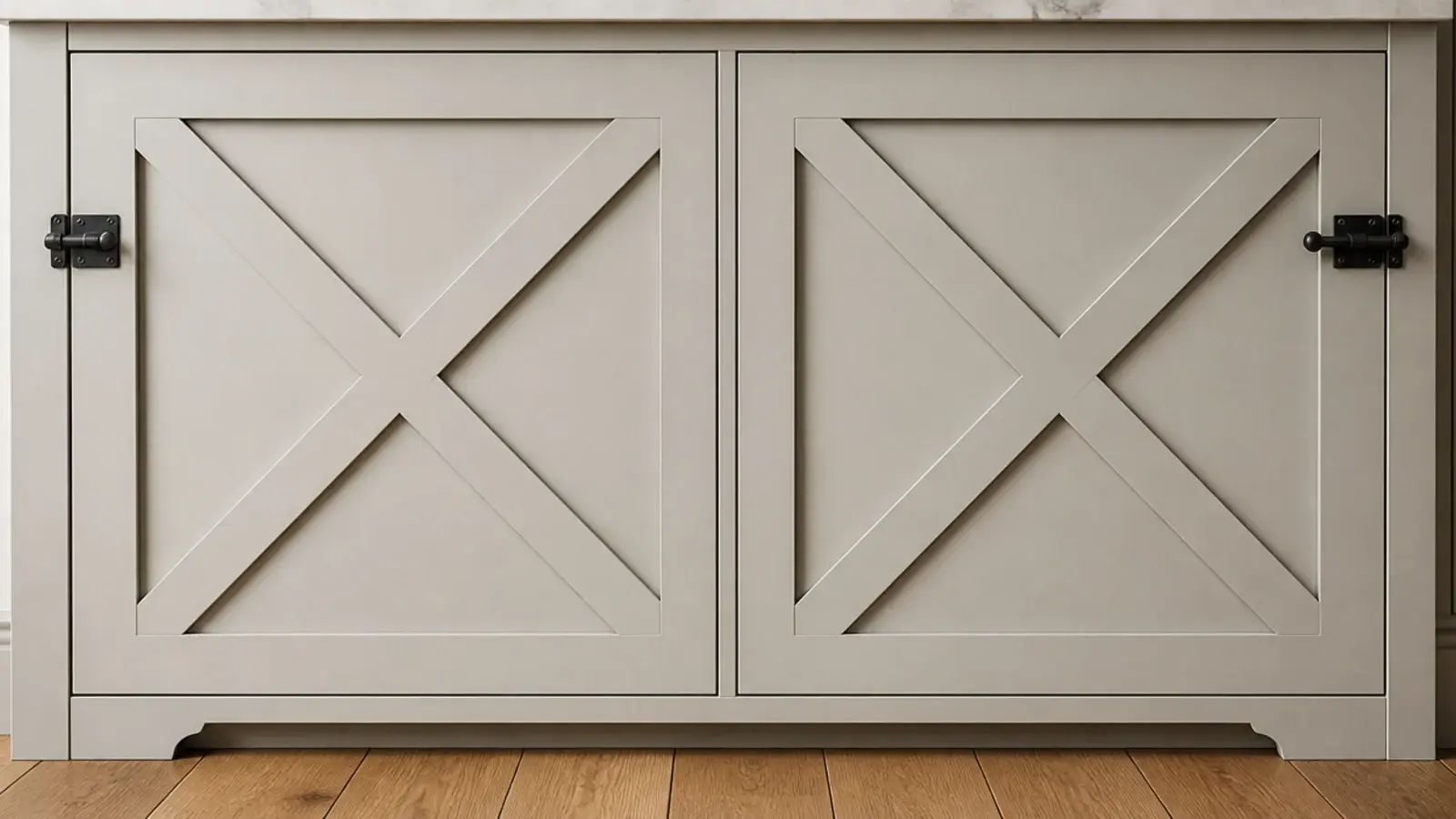x brace detail on painted cabinet doors below farmhouse built-in shelves