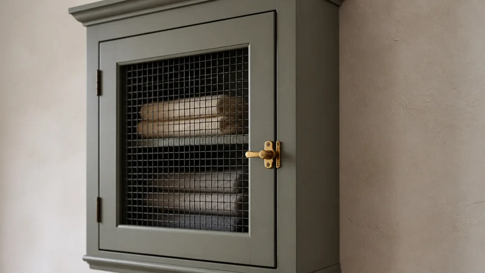 chicken wire panel door on one bay of farmhouse built-in shelving