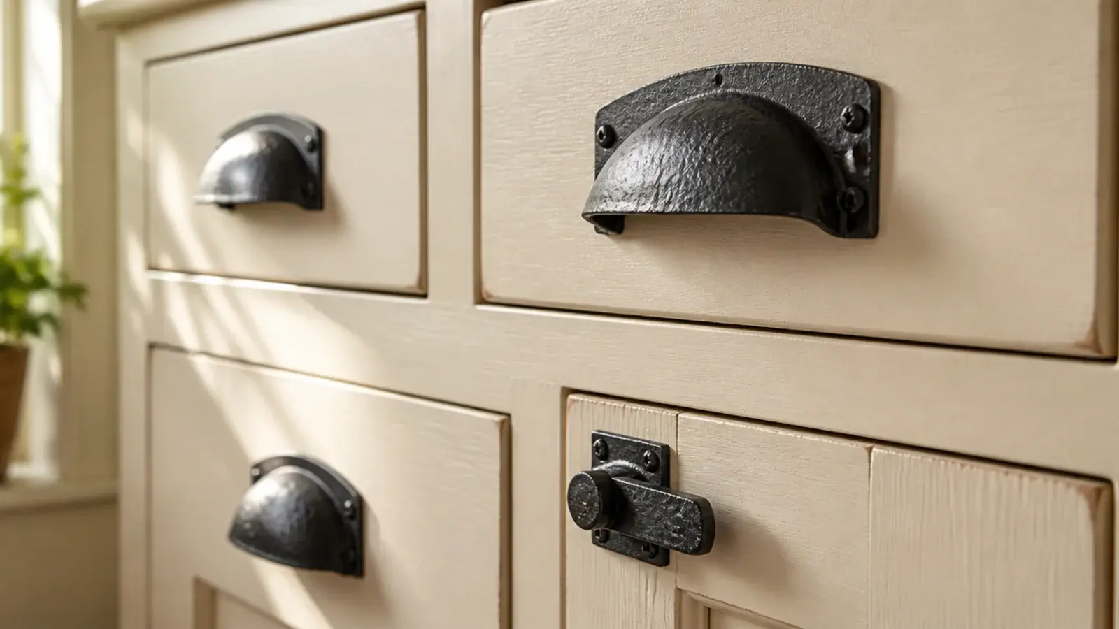 black iron latches fitted to cream painted farmhouse built-in cabinet doors