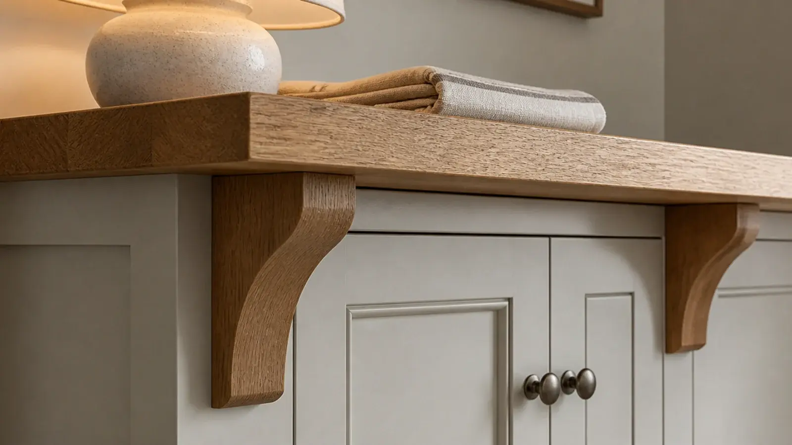 wooden corbels supporting the counter of farmhouse built-in living room shelves