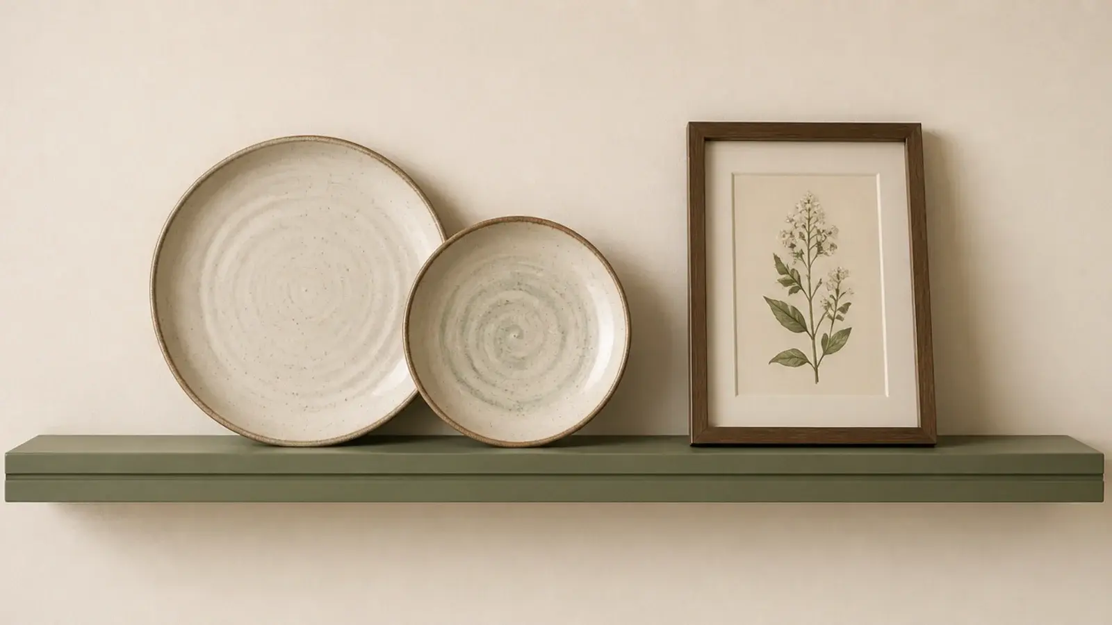 shallow groove in farmhouse built-in shelves holding leaning plates and prints