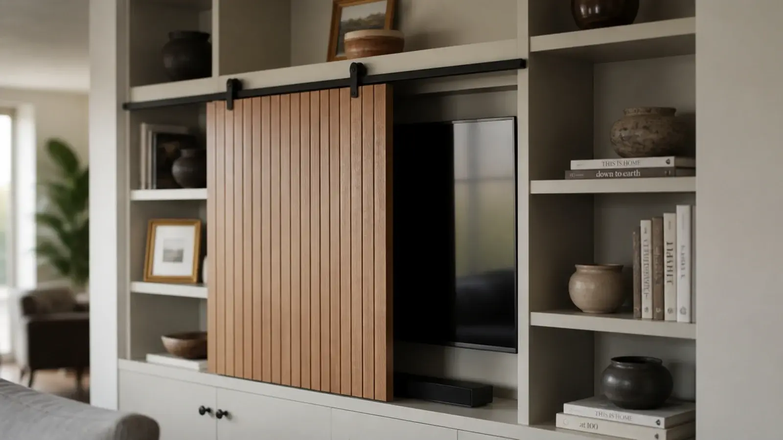 small sliding barn door covering one bay of farmhouse built-in shelving