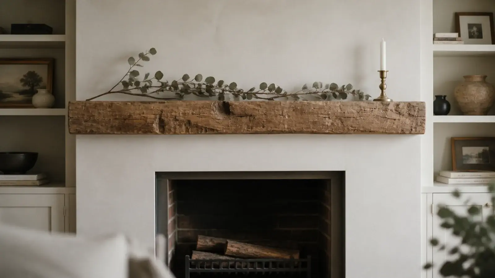thick reclaimed mantel between two farmhouse built-in shelf towers