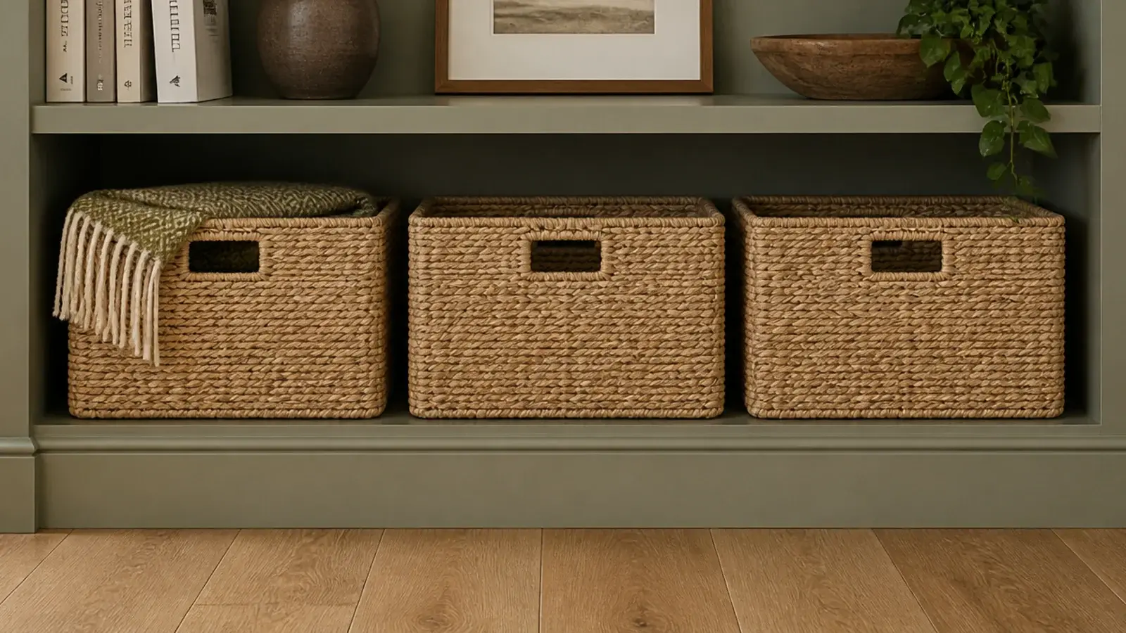 row of seagrass baskets filling the lowest shelf of farmhouse built-ins