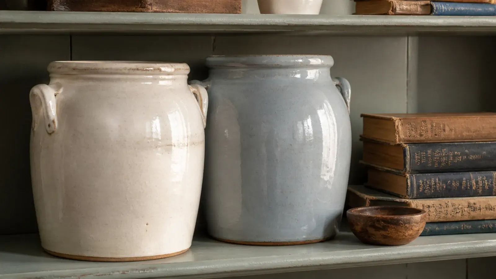 large stoneware crocks styled on farmhouse built-in living room shelves