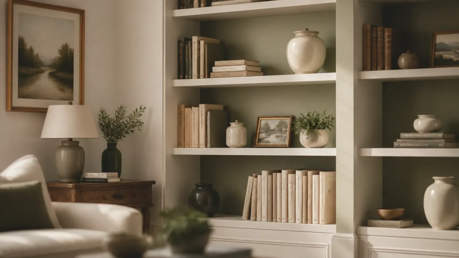 soft sage painted back panels behind cream farmhouse built-in shelves