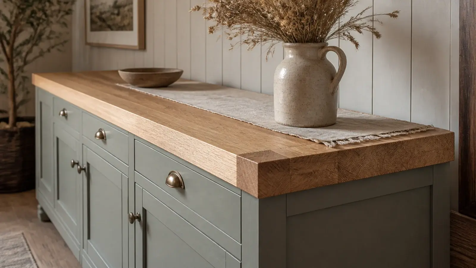 wide oak plank counter with breadboard ends on farmhouse built-in cabinets