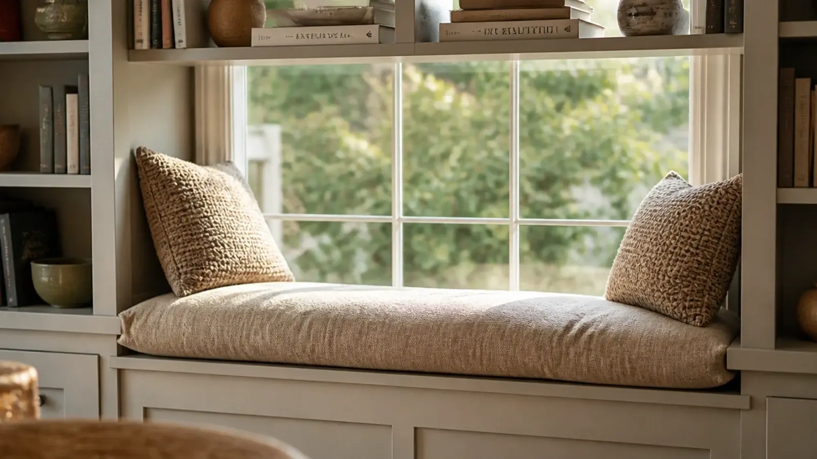 linen cushioned window seat between farmhouse built-in shelf towers