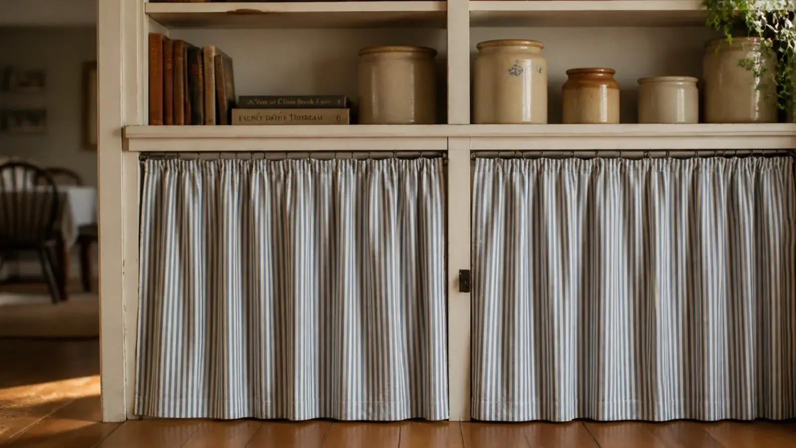 ticking stripe curtain closing the lower bays of farmhouse built-in shelves