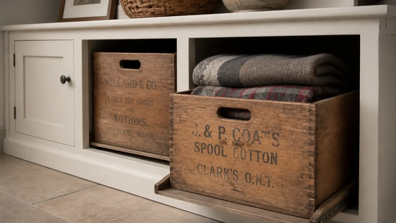 wooden vintage crates used as drawers inside farmhouse living room built-ins