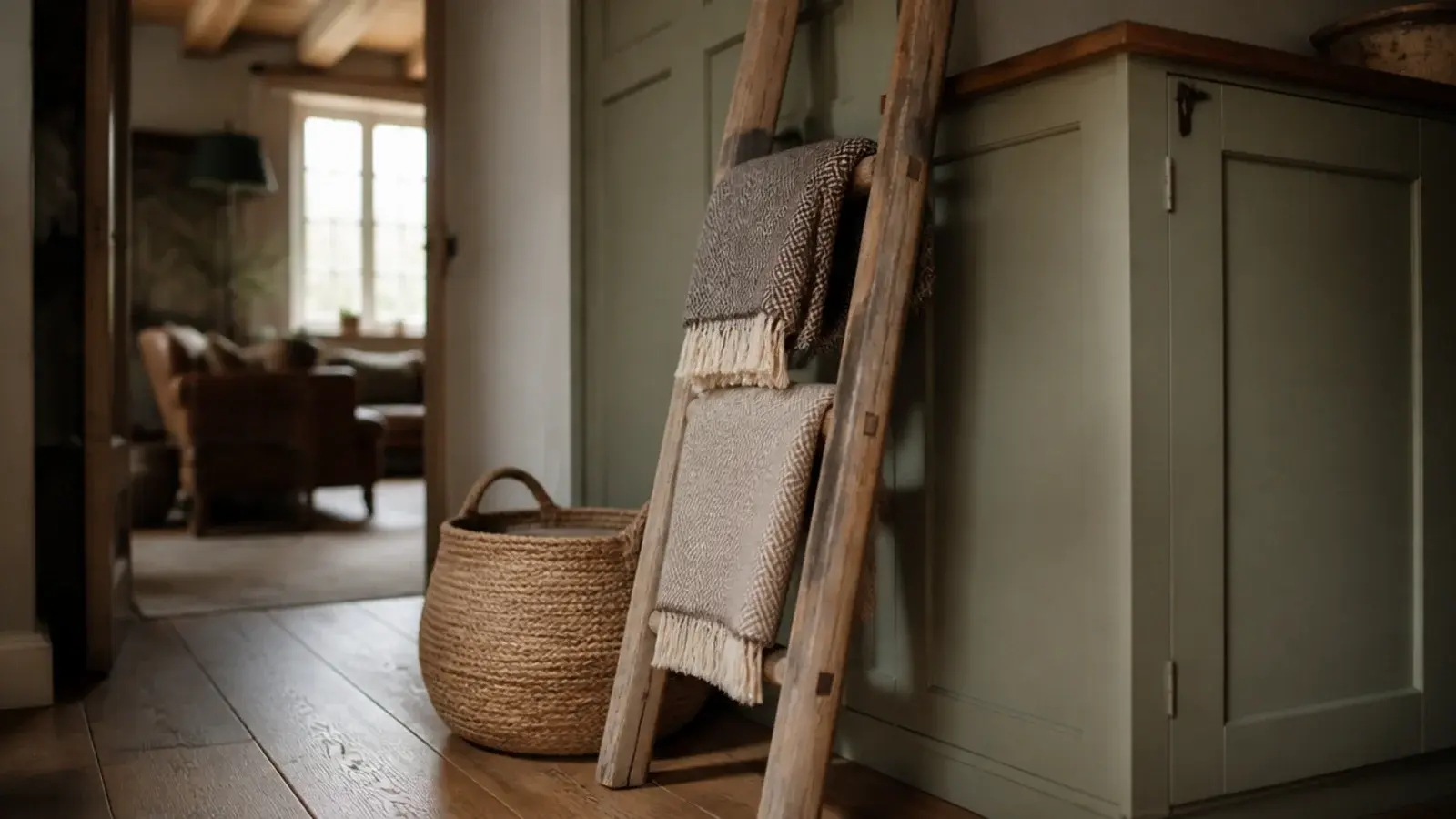 wooden ladder leaning beside farmhouse built-in shelves holding wool throws