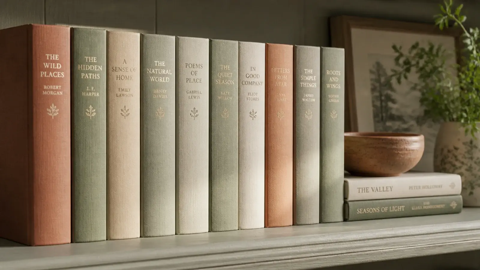 worn cloth bound books arranged on farmhouse built-in living room shelves