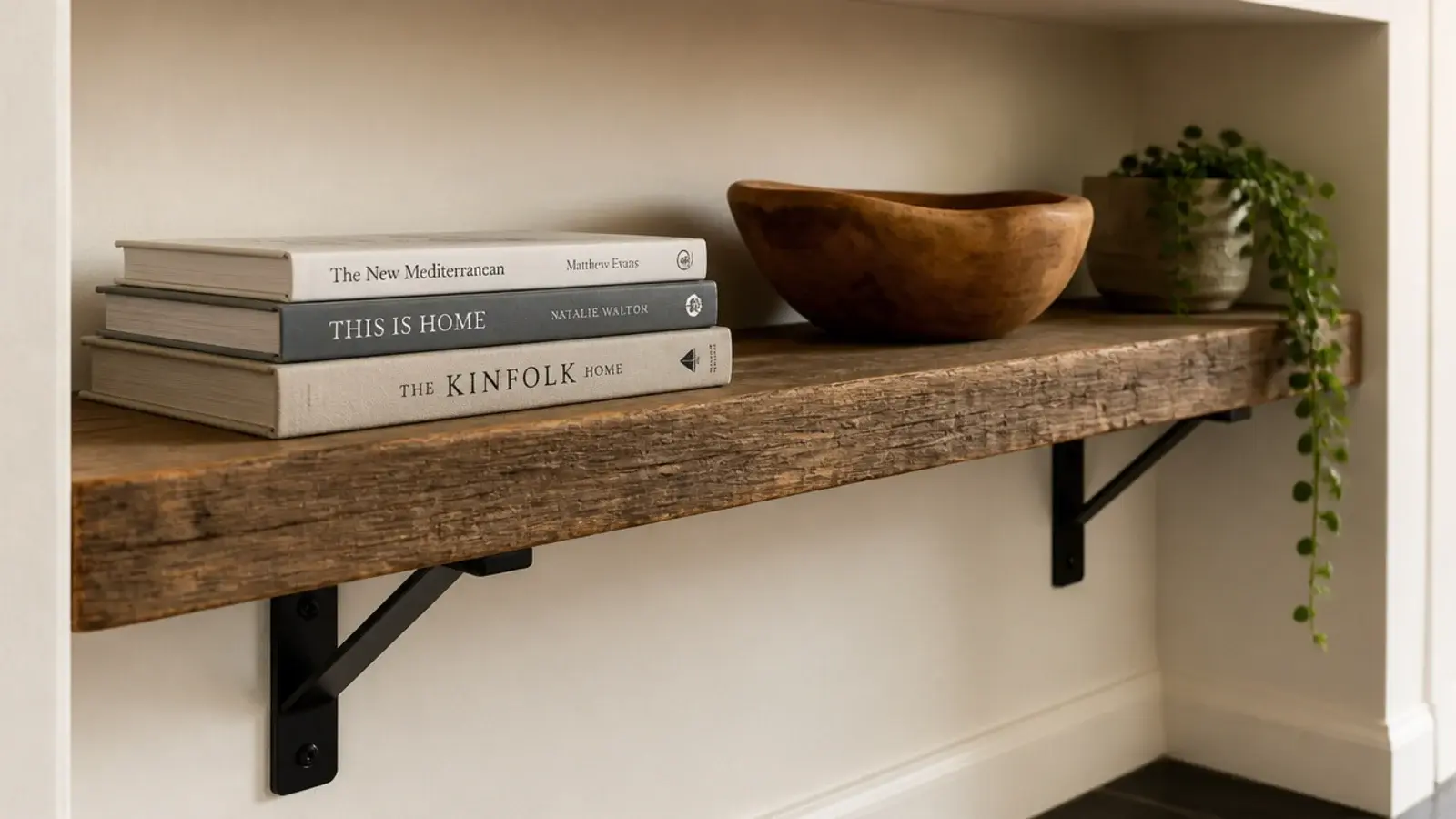 black iron brackets supporting thick open shelves in farmhouse built-ins