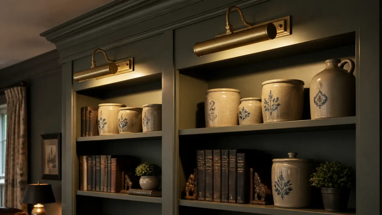 aged brass picture lights washing warm light across farmhouse built-in shelves