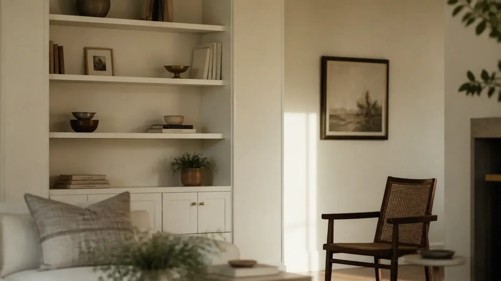 eggshell painted built-ins standing against matte cream farmhouse walls