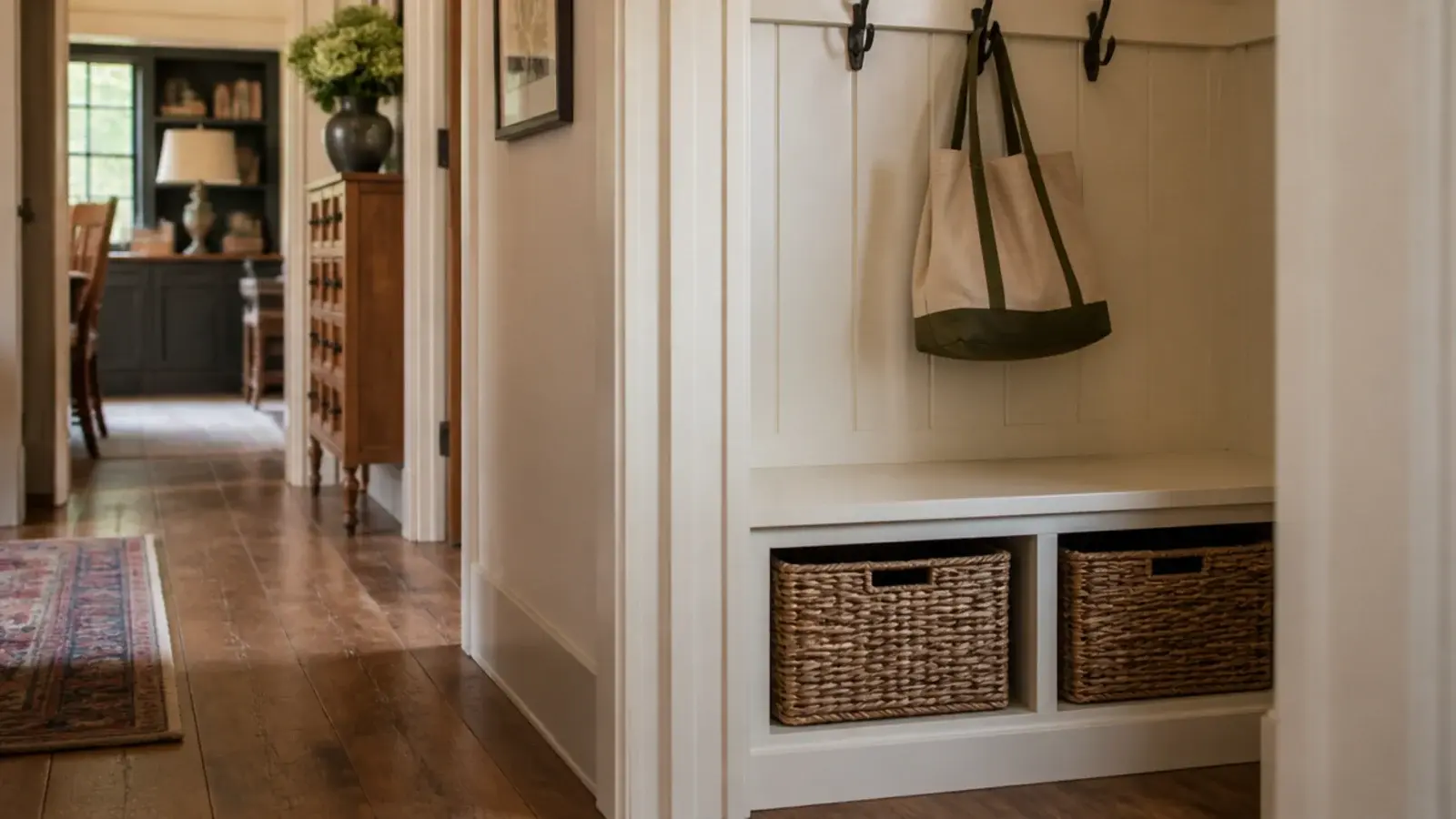low bench bay built into farmhouse living room shelves holding baskets