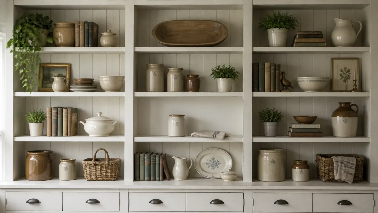 nearly empty shelf breaking up a full run of farmhouse built-in shelving