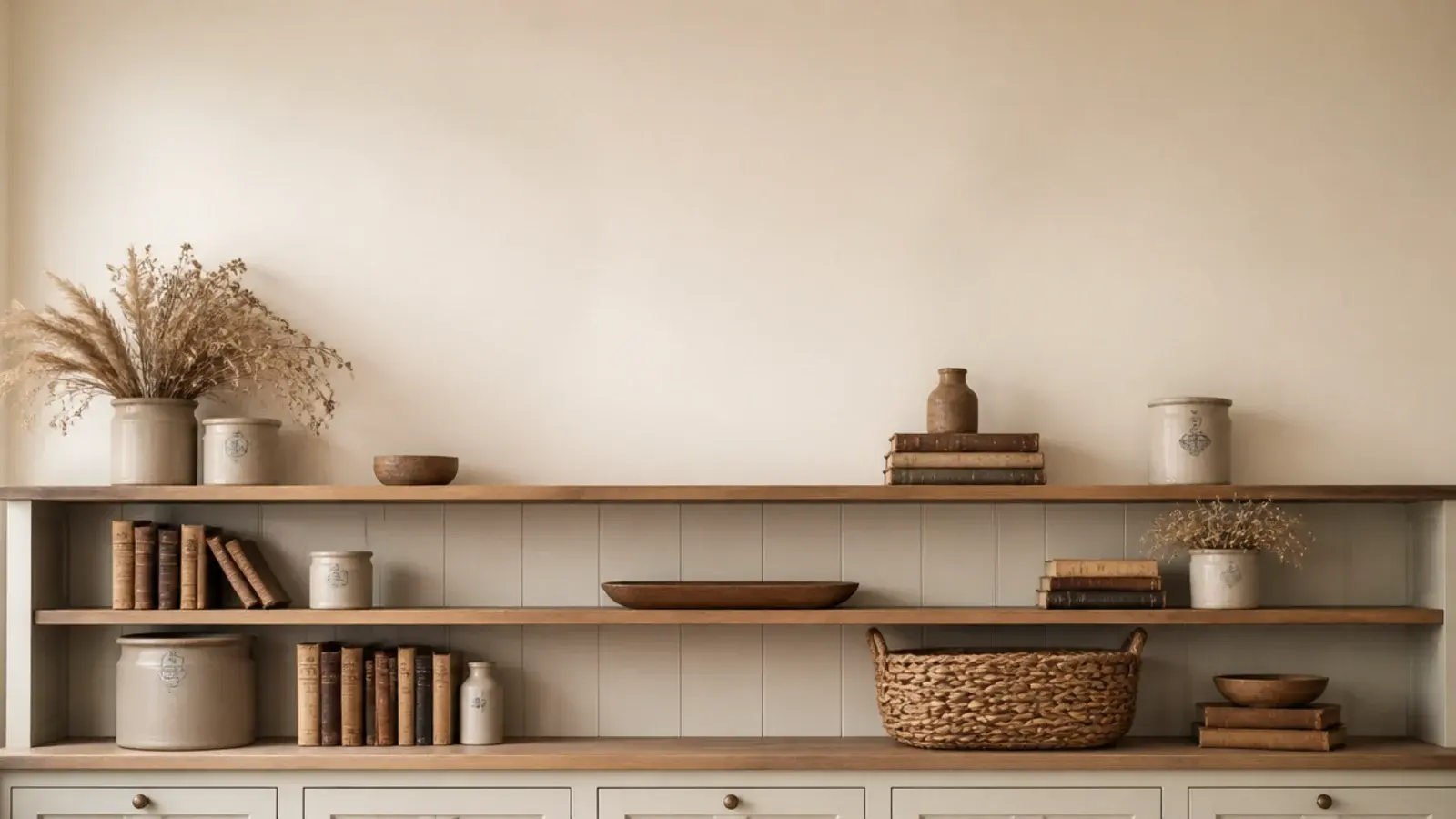 vertical view of farmhouse built-in shelves styled with crocks books and baskets