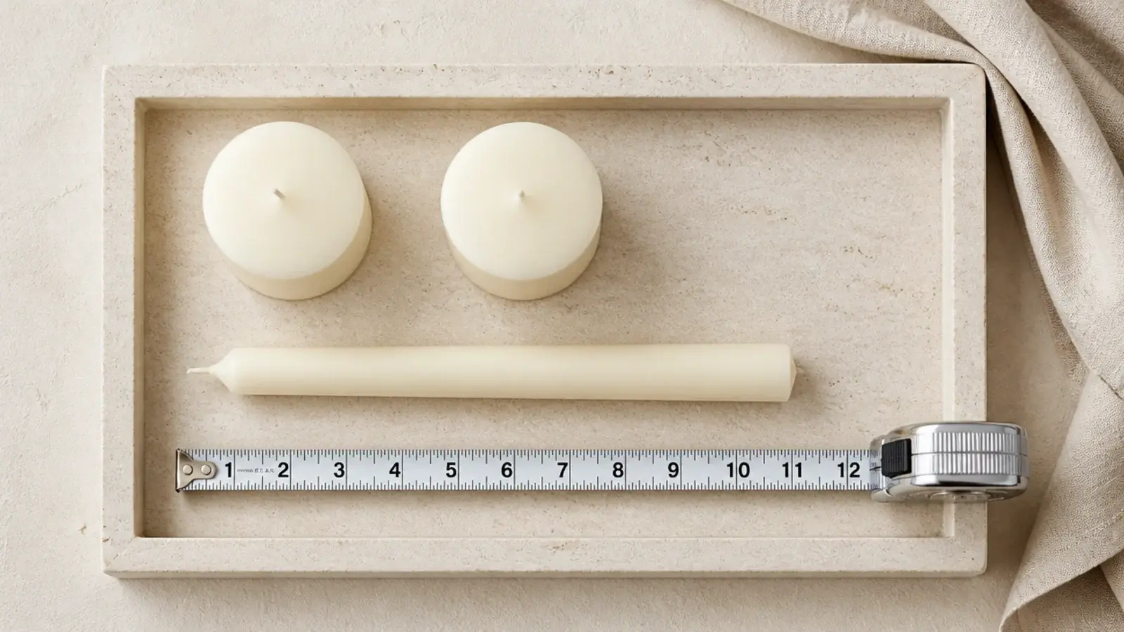 measuring tape showing clearance above a candle group on a stone tray