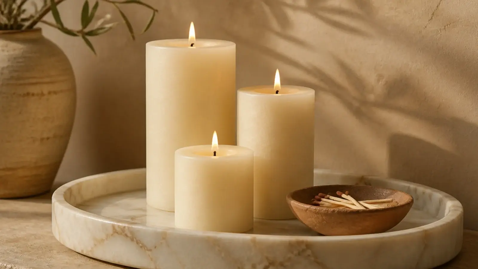 cluster of three cream pillar candles at different heights on a marble tray