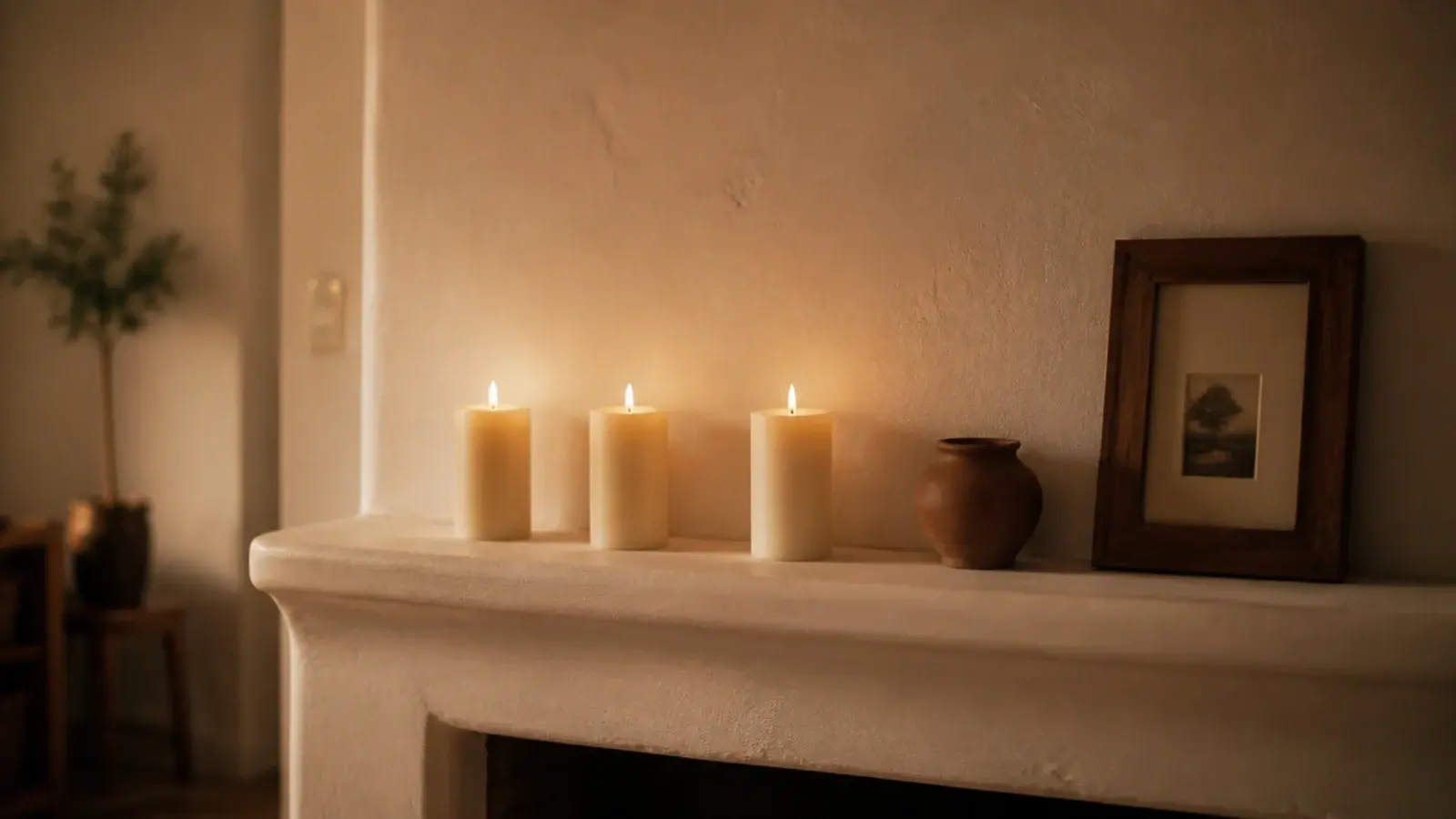 three wide pillar candles spaced along a plaster mantel with clear air above