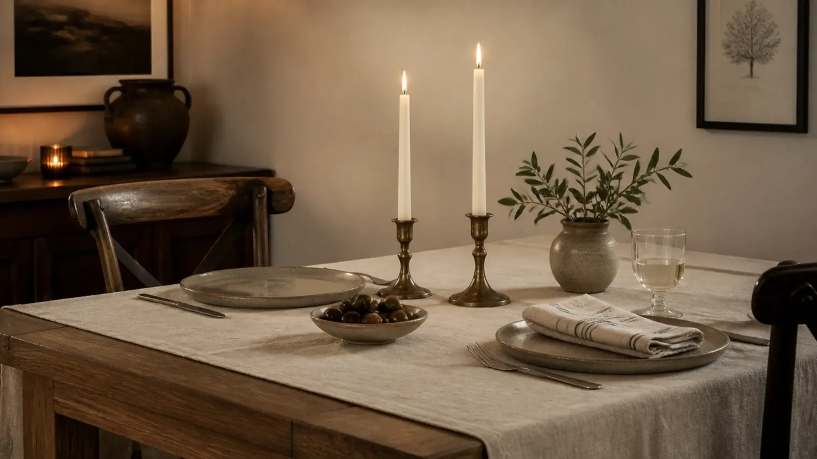 pair of unscented tapers in brass holders on a linen dining table