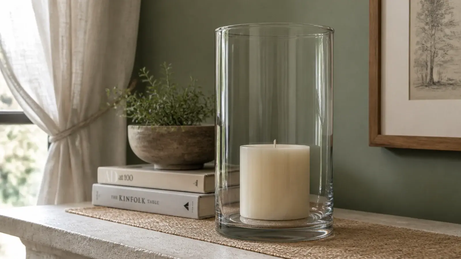 tall hurricane glass shielding a candle flame near a breezy hallway window