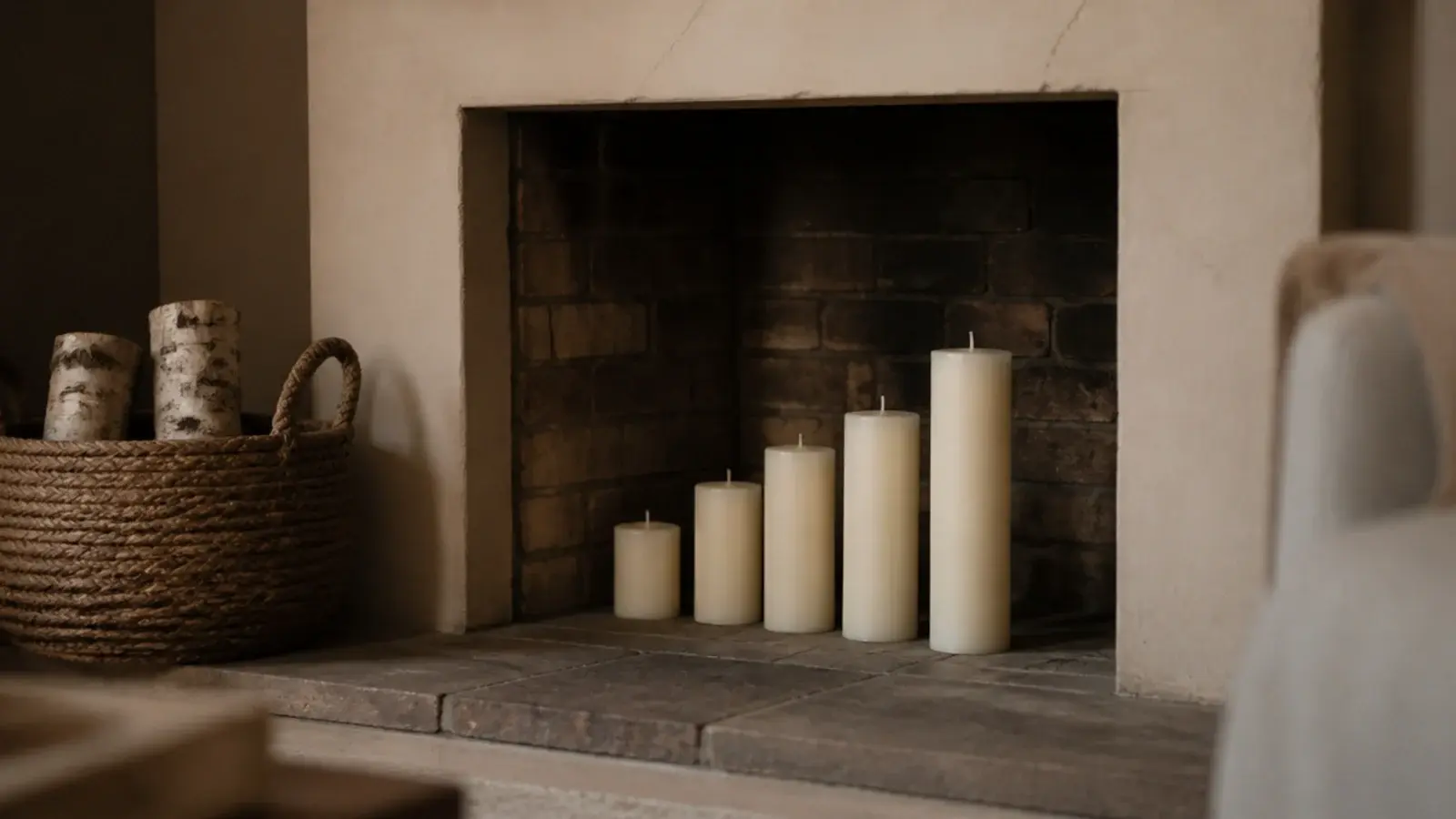 group of five pillar candles arranged inside an empty brick fireplace opening