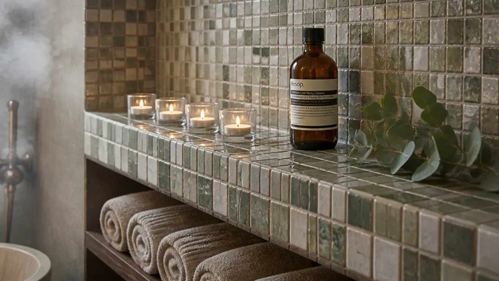 row of small votive candles on a tiled bathroom ledge beside rolled towels