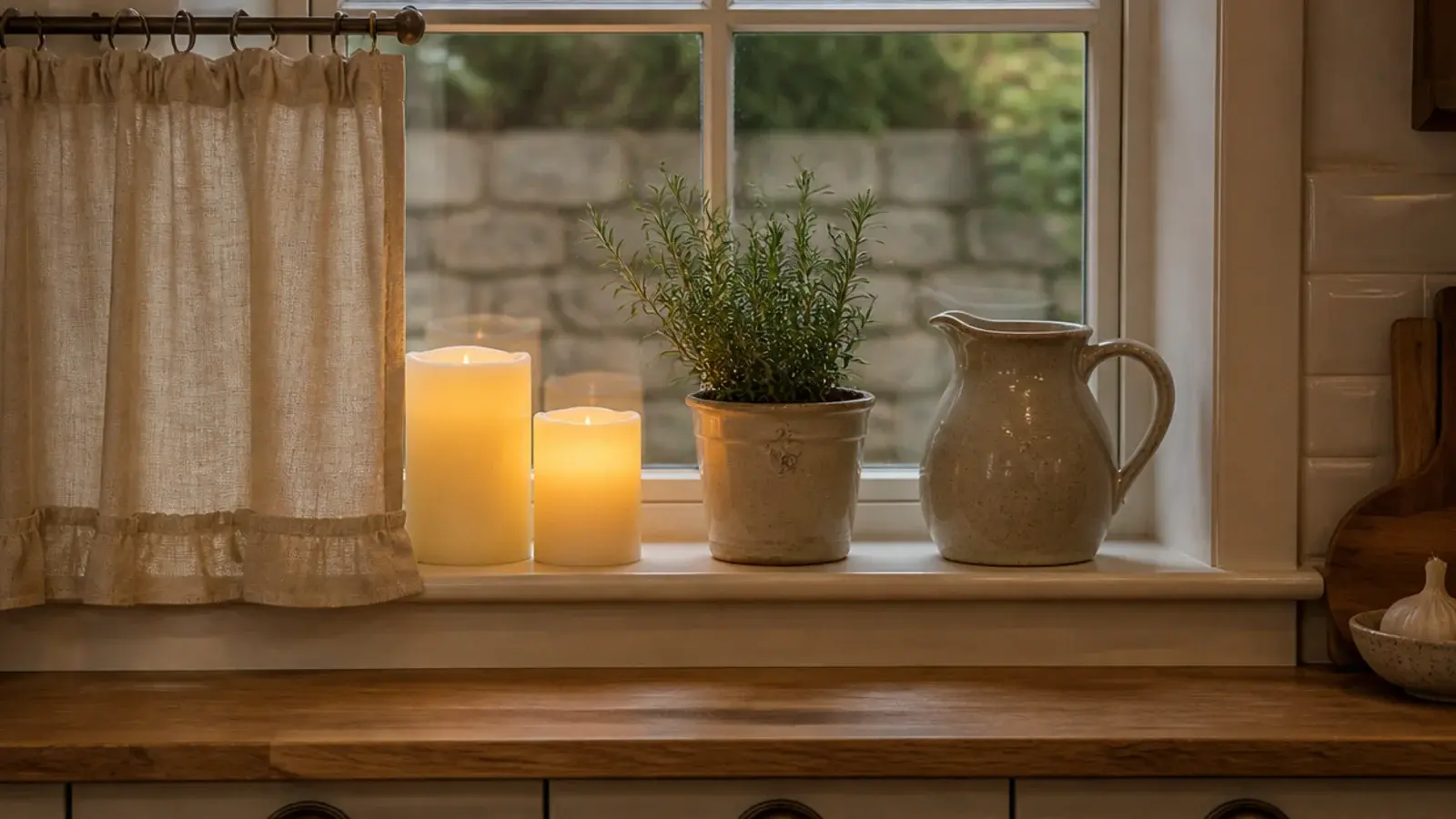 flameless wax pillar candles glowing on a kitchen windowsill near linen curtains