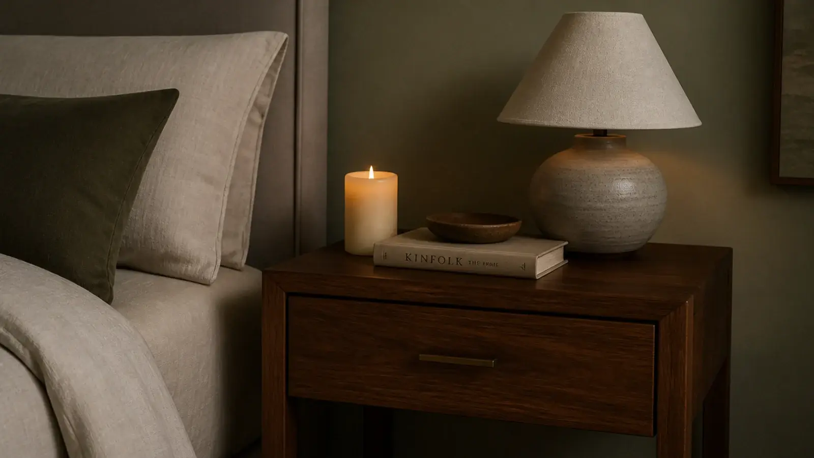 battery candle glowing on a walnut nightstand beside a linen made bed
