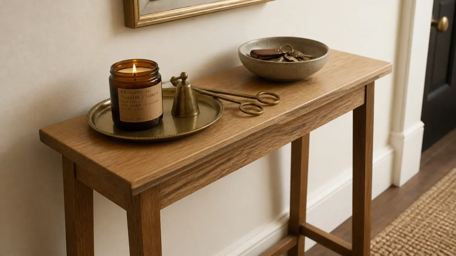 entry console with a candle tray brass snuffer and small wick trimmer