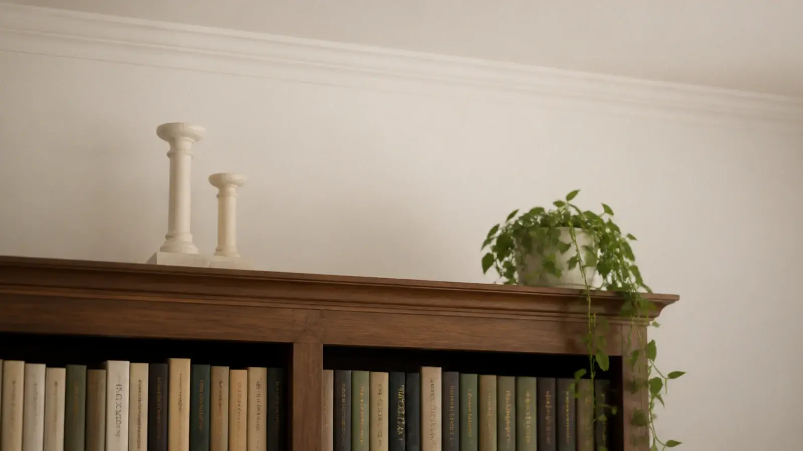 candles glowing on the open top of a bookcase with clear ceiling space
