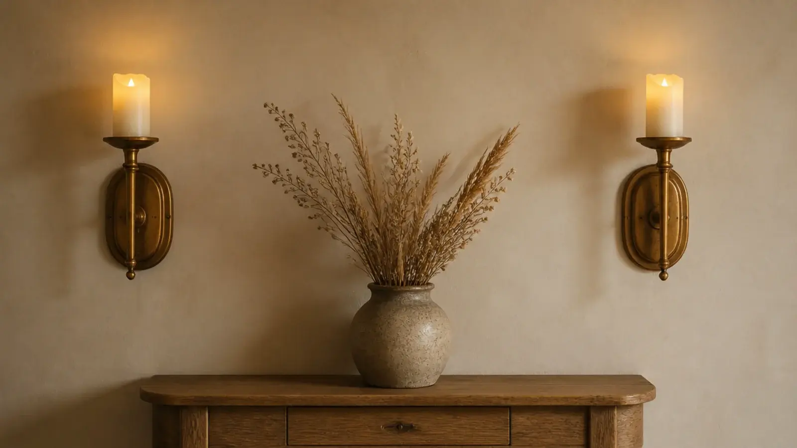 pair of brass wall sconces holding flameless pillar candles above a console