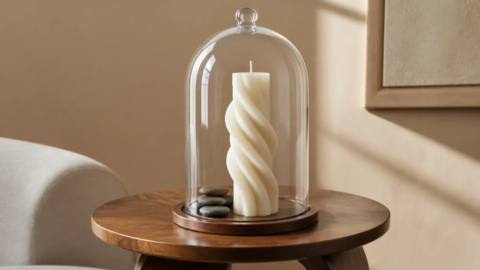unlit sculptural candle displayed under a glass cloche on a walnut surface
