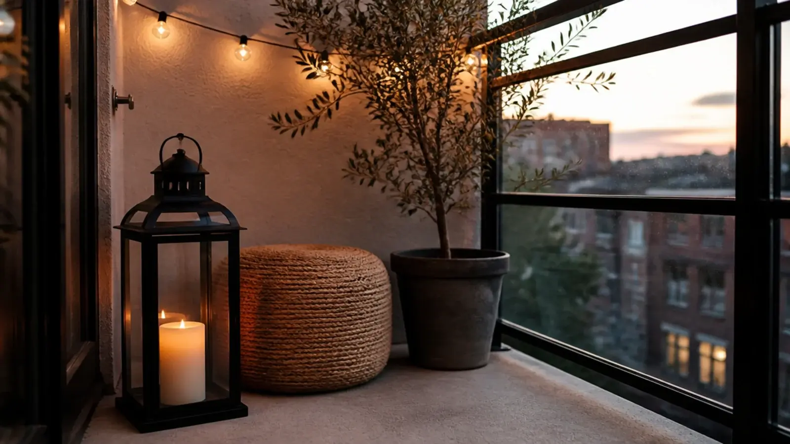 heavy metal lantern with a candle glowing on a small apartment balcony