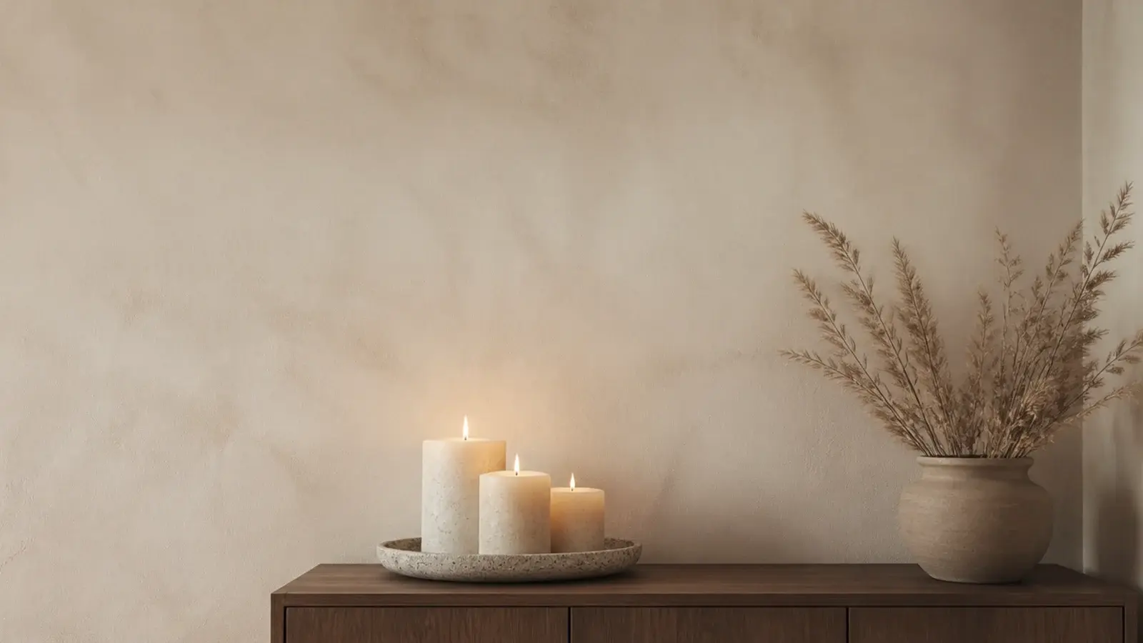 vertical collage of aesthetic candle groupings on trays mantels and consoles