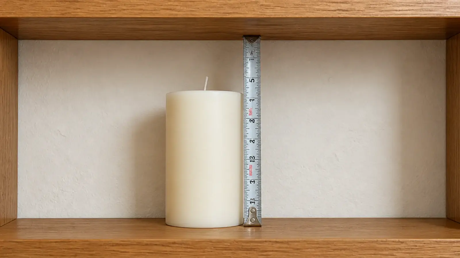 tape measure showing the clear gap between a candle and the shelf above